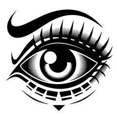 The image is a black-and-white stylized illustration of a human eye. It features bold eyeliner, long eyelashes, a thick eyebrow, and decorative triangular shapes below the eye, giving it an artistic a