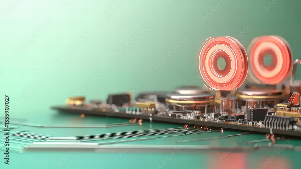 Poster a close-up of a circuit board highlighting a bright red light element in a technology context