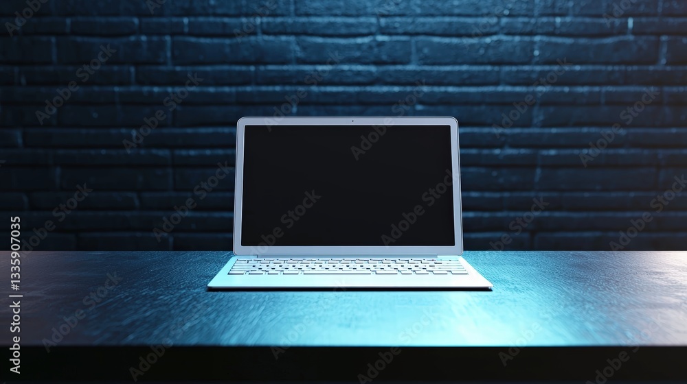 Poster a laptop resting on a desk surface with a minimalist approach and clean lines in a work environment