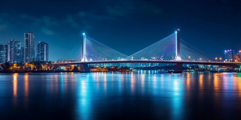 Cityscape at Night with Illuminated Cable-Stayed Bridge