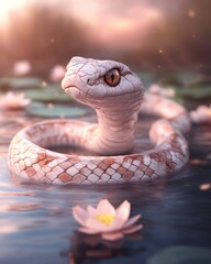 Serpentine elegance tranquil pond wildlife photography natural habitat close-up view serpent and lotus flowers