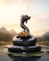 Majestic serpent coiled around lotus serene landscape digital art tranquil scene captivating view mythical symbolism