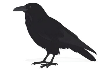 Fototapeta premium A detailed illustration of a majestic black raven perched majestically against a stark white background showcasing its sleek feathers and intense
