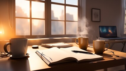 Steam rises from two mugs coffee a desk bathed morning sunlight, next an open notebook laptop; perfect productivity relaxation.