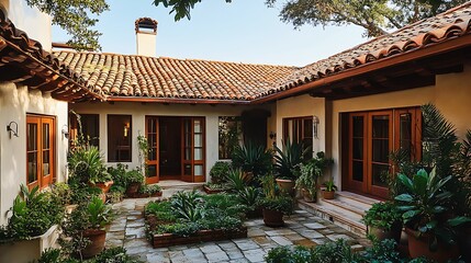 Fototapeta premium Exploring a Verdant Courtyard Garden with Traditional Architecture and Stone Path
