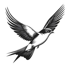 Obraz premium A detailed black and white illustration depicts a swallow in flight with wings spread wide showcasing intricate feather detail and elegant form.