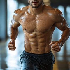 Fototapeta premium Athletic man running indoors, showcasing strong physique and determination in a fitness environment