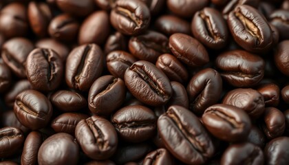 Naklejka premium Dark roasted coffee beans, close-up showing rich brown color and oily surface, background, cafe
