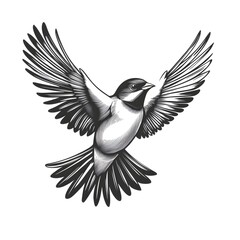 Obraz premium A detailed hand-drawn illustration of a bird in flight with wings outstretched against a white background showcasing intricate feather detail.