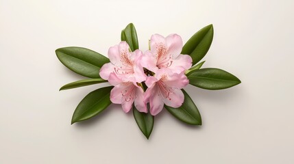 Fototapeta premium Pale Pink Rhododendron Blossoms and Green Leaves on Light Gray Background