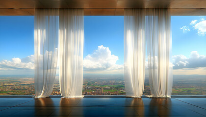 Modern penthouse with city views through sheer curtains