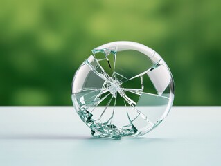 Obraz premium Shattered glass orb on a soft green background, symbolizing fragility and beauty