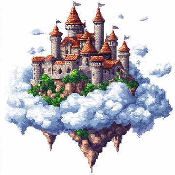 Pixel art sticker logo of a pixelized castle floating in the clouds