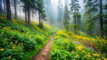 Fototapeta premium Misty Forest Path Through Vibrant Wildflowers and Towering Evergreen Trees