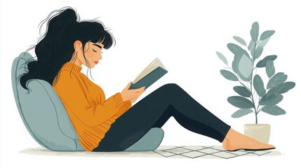 Obraz premium A woman relaxes in a cozy chair, reading a book with a plant nearby, conveying a serene and comfortable atmosphere.