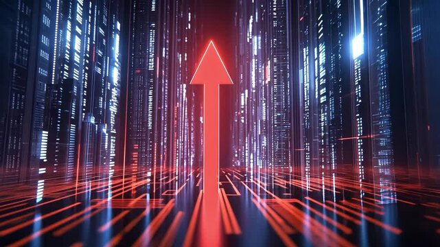 Futuristic digital cityscape with neon lights and glowing red arrow, symbolizing technology, growth, and progress in innovation and dynamic atmosphere. - Powered by Adobe