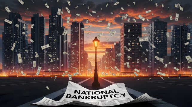 National Bankruptcy words concept money raining down thrown in street devalued illustration dramatic cartoon