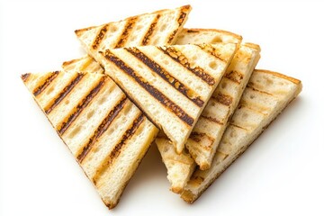 Fototapeta premium Delicious grilled triangle bread slices on a white background culinary photography food photography style
