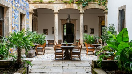 Fototapeta premium Portuguese courtyard with colorful azulejo tiles, rustic furniture, and lush plants. --chaos 20 --ar 16:9 --quality 2 --v 6.1 Job ID: e74195ad-0bcd-402f-94cb-1862af22e8b4
