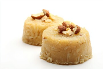 Delicious light almond topped semolina pudding dessert with white background in side studio shot