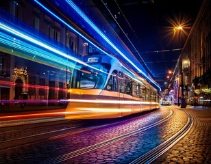Fototapeta premium Night City Tram with Glowing Rails and Motion Blur
