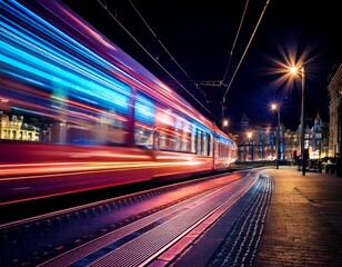 Fototapeta premium Night City Tram with Glowing Rails and Motion Blur