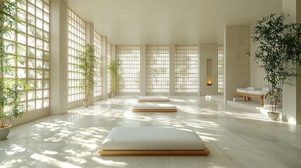 Fototapeta premium Relaxing Zen Interior Design with Natural Light, Minimalist Style, and Tranquil Atmosphere for Wellness