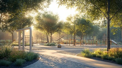 Obraz premium Tranquil morning sunlight illuminating a serene park landscape with playground equipment and lush greenery
