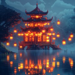 Obraz premium Pixel art sticker logo of a pixelized floating temple with digital lanterns