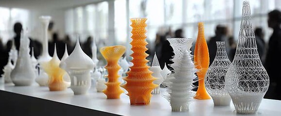 Collection of 3D printed decorative objects in white and orange.