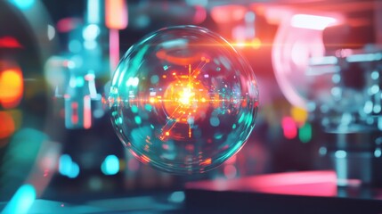 Futuristic Tech Abstract Glowing Sphere with Energy Core and Circuitry, Scientific Innovation Concept.