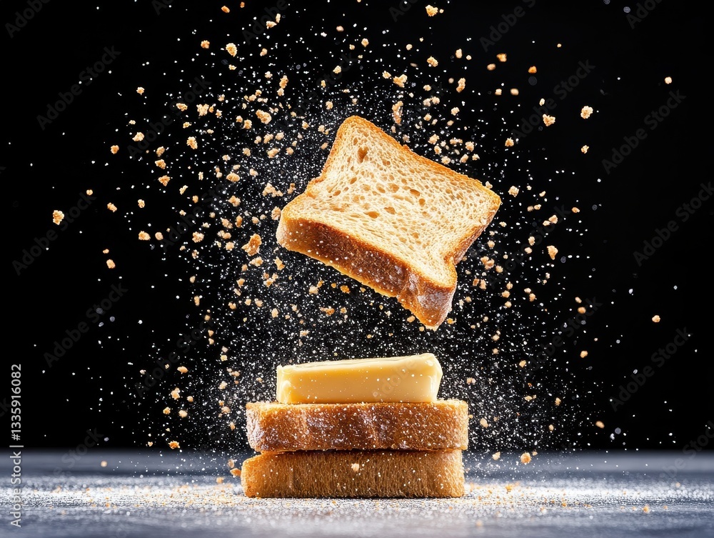 Poster slices of toast and butter floating above crumbled bread with dark background