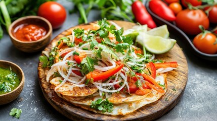 Appetizing mexican quesadilla dish stacked high with fresh topping on rustic wooden board gourmet meal