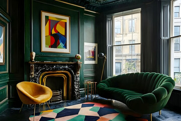 Elegant green living room, city view, art deco style, interior design