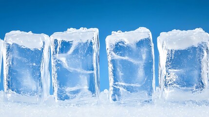 Obraz premium Four clear ice cubes sit in a pile of frosty snow