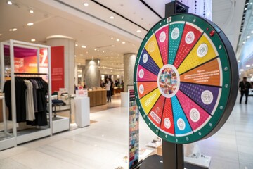 A colorful prize wheel stands in a modern shopping area, inviting shoppers to spin for rewards amidst a vibrant retail backdrop.