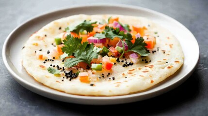 Delicious uttapam presented on plate garnished with herbs and vegetables in artistic arrangement background