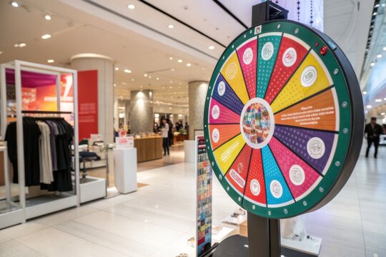 A colorful prize wheel stands in a modern shopping area, inviting shoppers to spin for rewards amidst a vibrant retail backdrop.