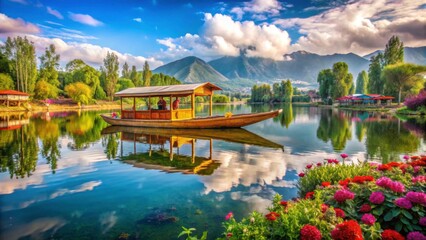Fototapeta premium Serene Lake View with Traditional Boat and Colorful Flowers