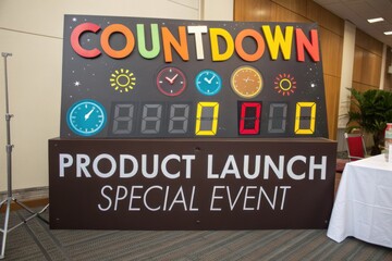 A colorful countdown display promoting a product launch event, featuring clocks and a bold, engaging design.