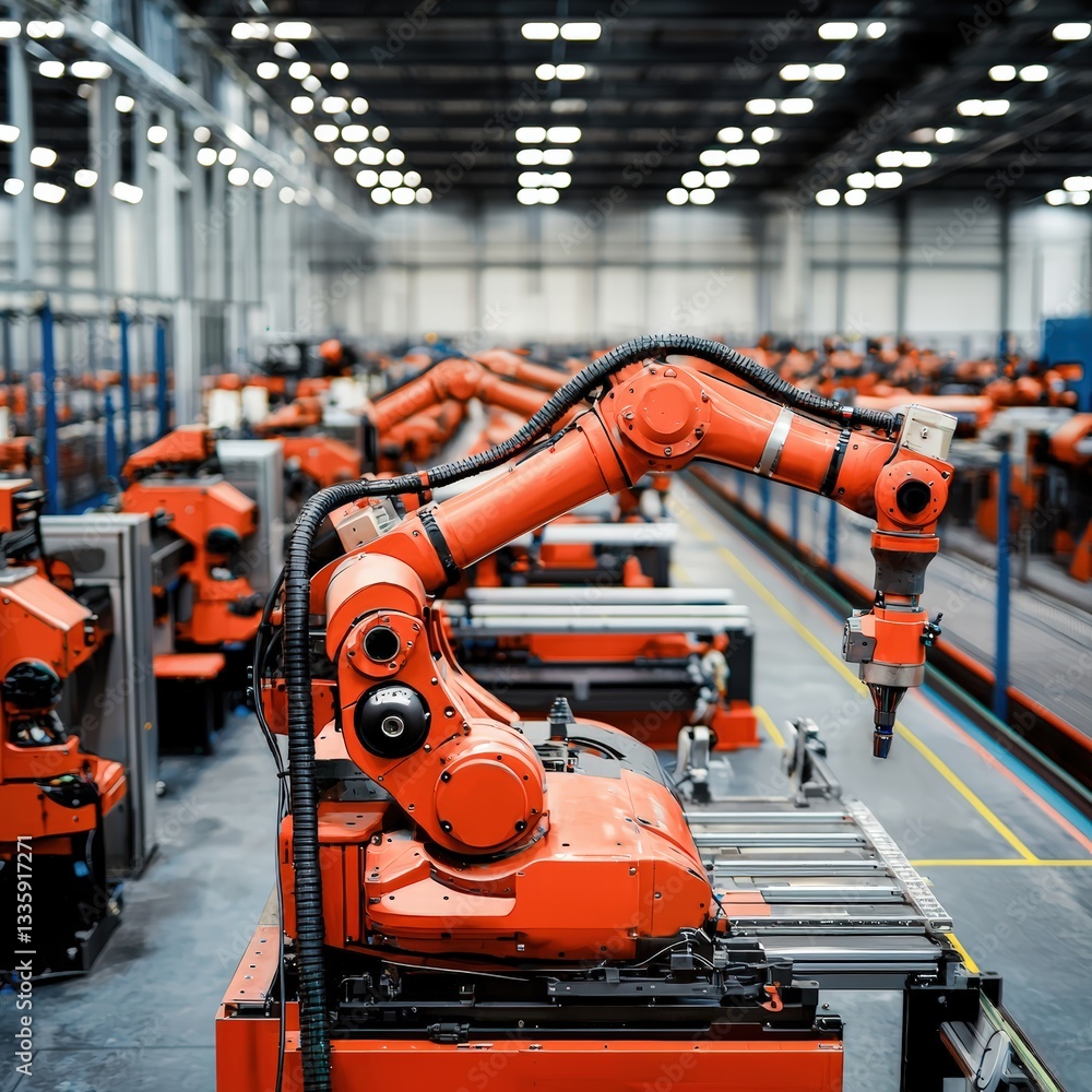 Poster advanced robot skillfully working on a conveyor belt in a modern industrial setting with precision