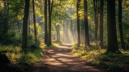 Fototapeta premium A Serene Forest Path Illuminated By Golden Sunlight Through Tall Trees