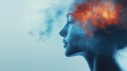 Abstract portrait of a woman's profile with fire and smoke effects overlayed on her head