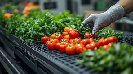 Automated robotic arms packaging freshly harvested vegetables in a factory, automation, smart farming food distribution