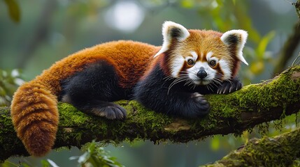 Obraz premium Breathtaking Red Panda lounging on a moss covered branch in the misty forests of Nepal its fiery red fur contrasting beautifully with the deep green surroundings