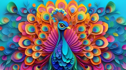 Fototapeta premium Vibrant colorful peacock in 3D layered paper art style with intricate feather details and neon hues against a blue background