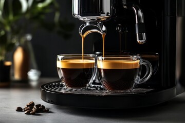 espresso machine pouring coffee into two glass cups 