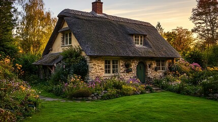 Fototapeta premium Charming Cottage House with Thatched Roof and Lush Garden at Sunset
