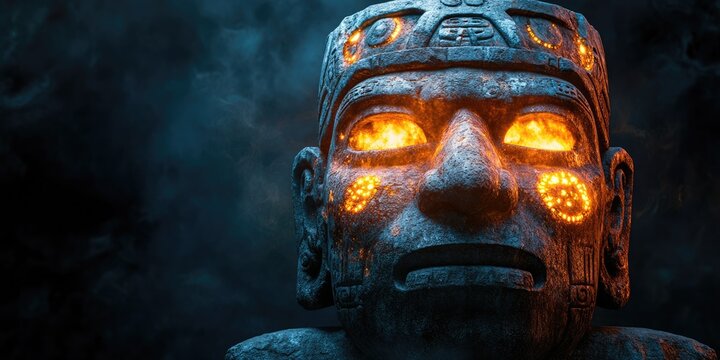 Ancient stone idol with glowing orange eyes and symbols, emanating an ominous energy in a dark, smoky setting. Ideal for fantasy blogs, gaming sites, or articles on ancient civilizations, mystery
