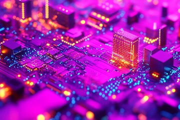 Obraz premium Neon City on a Circuit Board: A Futuristic Visual
